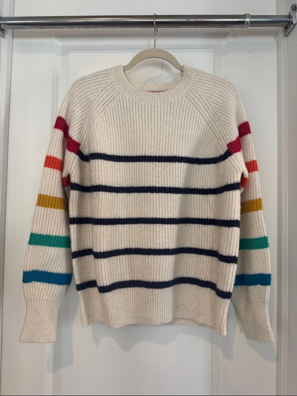 Joules Cream Stripe Crewneck Sweater with Multi-Color Sleeve Stripes